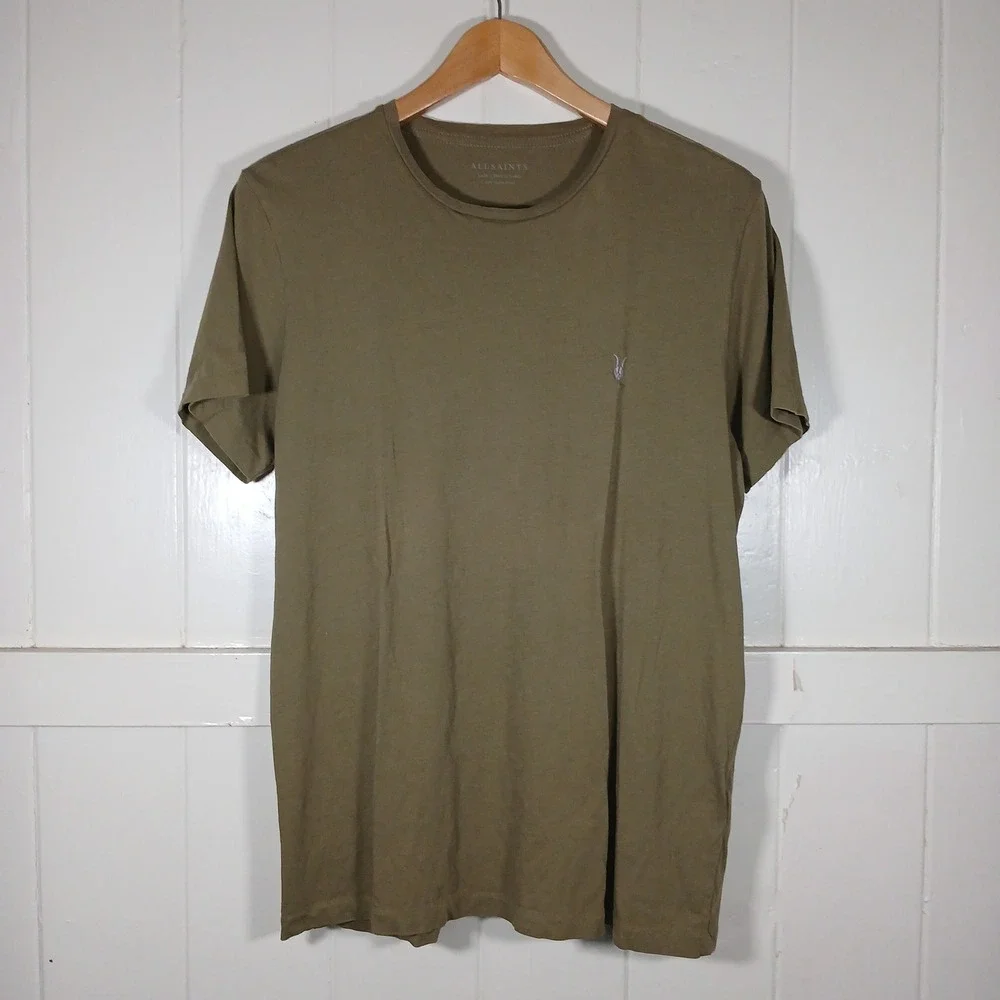 AllSaints Tonic SS Crew T-Shirt Mens Large Olive Green Ramskull MD082J